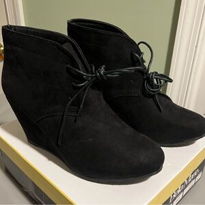 Bella Marie Black Suede Wedge Ankle Boots with Lace-Up Tie